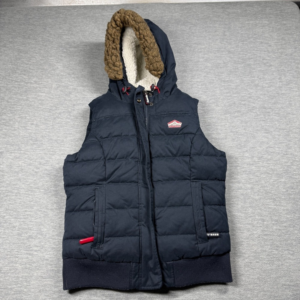 Superdry Gilet Womens Small Navy Blue Microfibre Hooded Puffer Vest Sherpa Lined